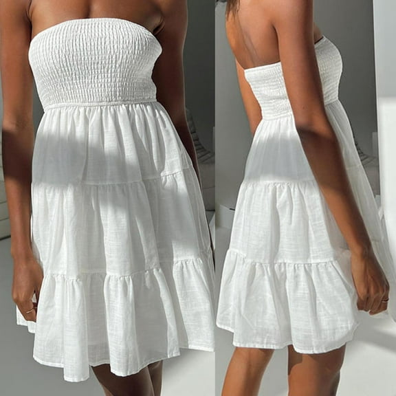 USSUMA Summer Dresses for Women 2025 Womens Dresses Sleeveless Crew Neck Casual Solid Color Maxi Dress Vintage Dress Lightweight Skirt Camping Sale White Dress Size-L