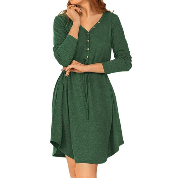 USSUMA Summer Dresses for Women 2025 Womens Dresses Long Sleeve V Neck Casual Solid Color Button Tie Loose Fit Maxi Dress Leisure Skirt Comfortable Dress Date Tax Free Weekend Green Dress Size-XXL
