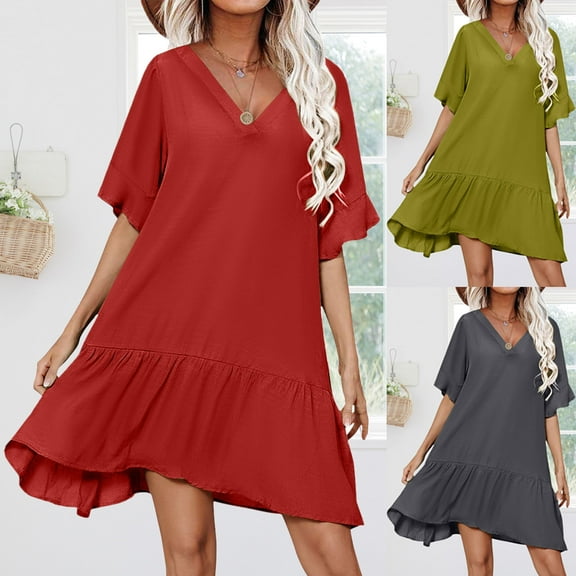 USSUMA Summer Dresses for Women 2025 Womens Dresses Short Sleeve V Neck Casual Solid Color Ruffle Loose Fit Maxi Dress Leisure Skirt Breathable Skirts Gym Online Shopping Green Dress Size-L