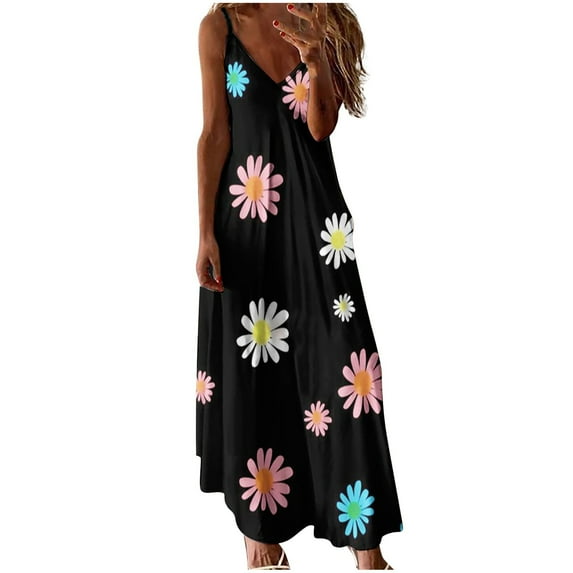 USSUMA Summer Dresses for Women Casual Daisy Print Flowy Spaghetti Strap Maxi Long Beach Party Sundresses Sleeveless Plus Dresses V Neck Sun Dress Wedding Guest