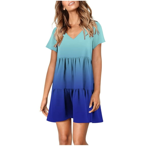 USSUMA Summer Dresses for Women Casual Floral Print Boho Flowy Smocked Mini Beach Party Sundresses Short Sleeve Plus Dresses V Neck Sun Dress Wedding Guest