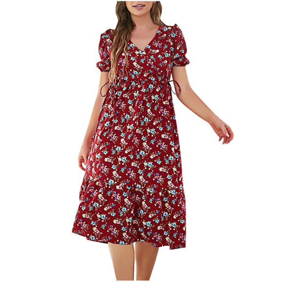 USSUMA Summer Dresses for Women Casual Floral Print Boho Smocked Flowy Swing Midi Beach Party Sundresses Short Sleeve Plus Dresses V Neck Sun Dress Wedding Guest