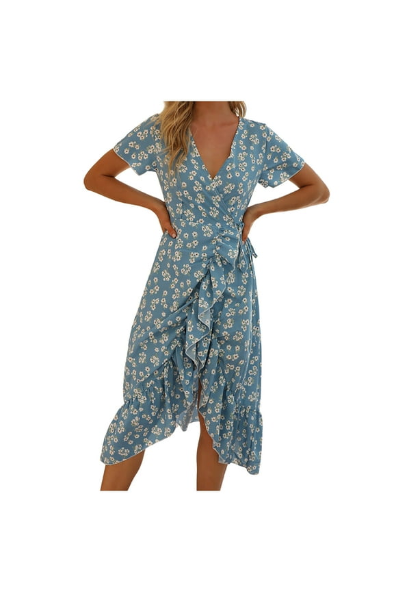 USSUMA Sun Dresses Women Summer Casual Short Sleeve Ruffle Wrap Flowy Boho Long Maxi Sundresses for Women Floral Print Plus Size Dress for Women V Neck Graduation Dress