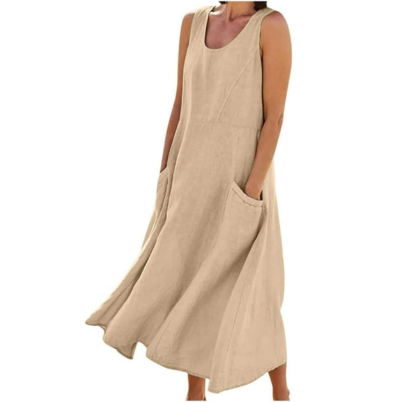 USSUMA Summer Dresses for Women Casual Solid Color Linen Cotton Flowy Pocket Long Maxi Beach Party Sundresses Sleeveless Plus Dresses V Neck Sun Dress Wedding Guest