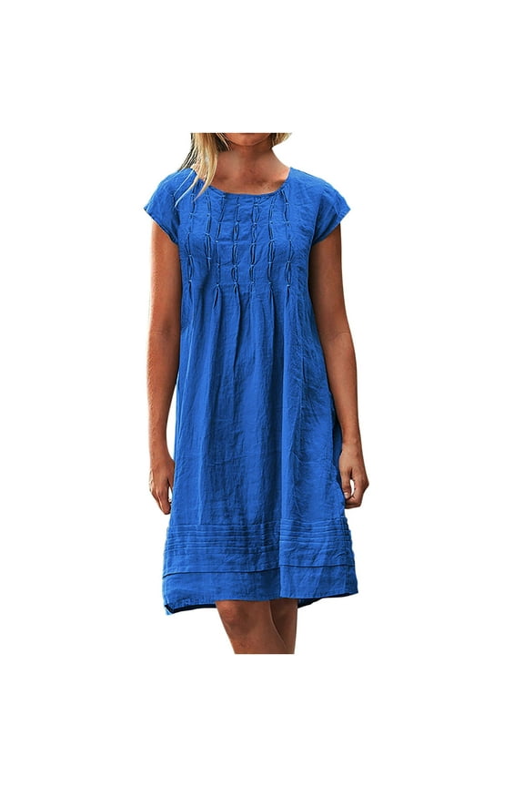 USSUMA Summer Dresses for Women Casual Solid Linen Cotton Pleated T Shirt Midi Beach Party Sundresses Short Sleeve Plus Dresses Round Neck Sun Dress Wedding Guest