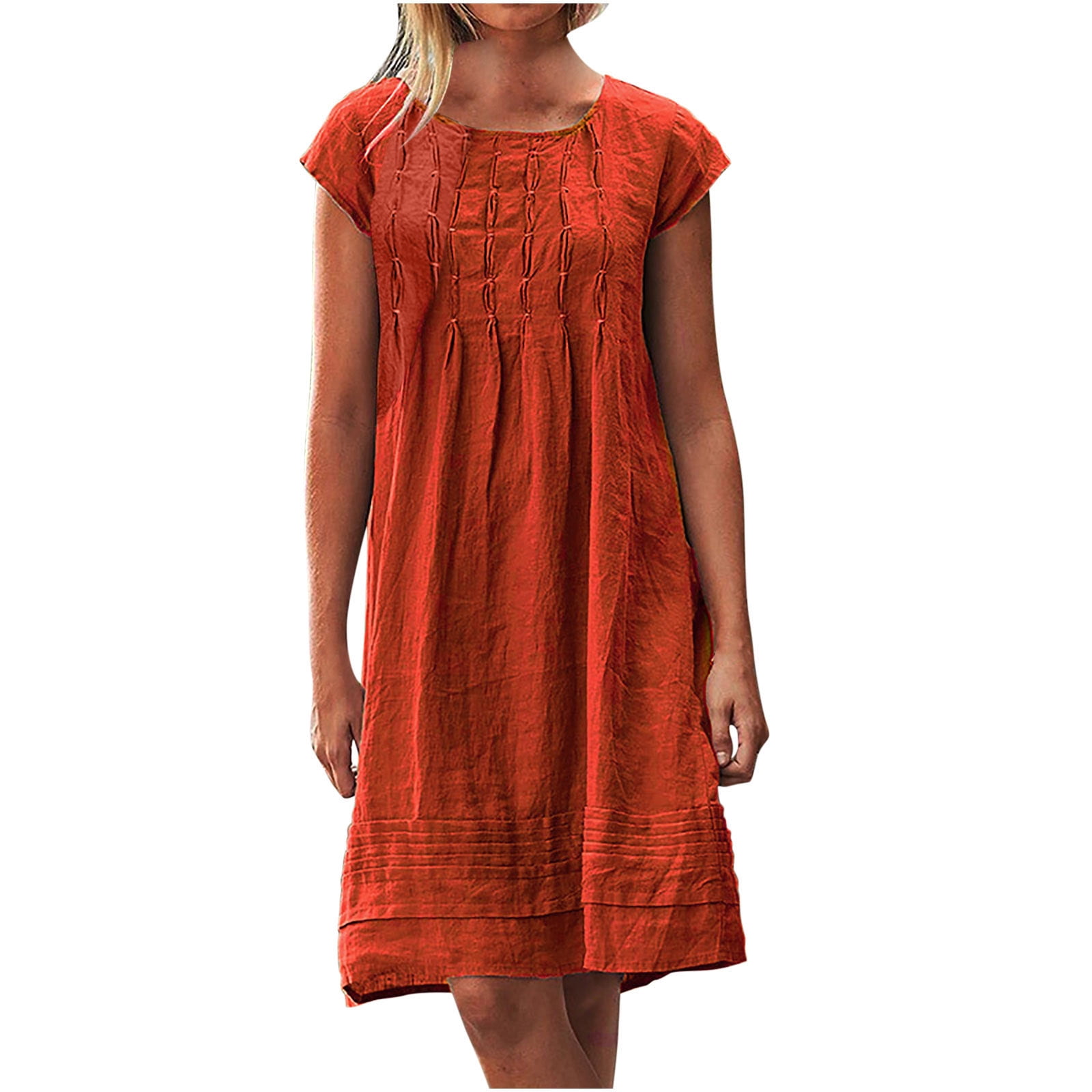 USSUMA Summer Dresses for Women Casual Solid Linen Cotton Pleated T ...