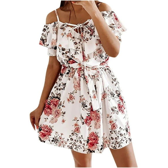 USSUMA Summer Dresses for Women Casual, Wedding Guest Dress Short Sleeves V Neck Maxi Long Linen Heart Printed Formal Vintage Dresses Ruffles Flared Prom Wedding Sundresses