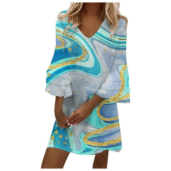 USSUMA Summer Dresses for Women Trendy Flowy T Shirt Knee Length Midi 3/4 Sleeve Womens Sun Dresses Plus Marble Print V Neck Sundress Beach Party Vacation Casual Dress