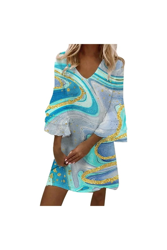USSUMA Summer Dresses for Women Trendy Flowy T Shirt Knee Length Midi 3/4 Sleeve Womens Sun Dresses Plus Marble Print V Neck Sundress Beach Party Vacation Casual Dress