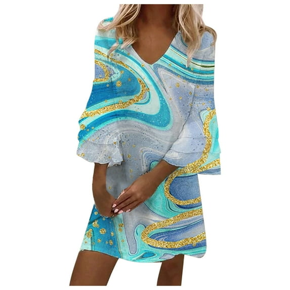 USSUMA Summer Dresses for Women Trendy Flowy T Shirt Knee Length Midi 3/4 Sleeve Womens Sun Dresses Plus Marble Print V Neck Sundress Beach Party Vacation Casual Dress