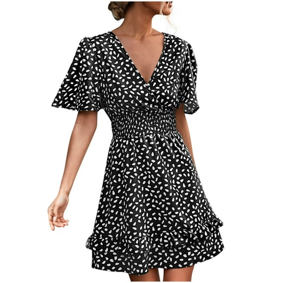 USSUMA Summer Dresses for Women Trendy High Waist Smocked Ruffle Swing Mini Short Sleeve Womens Sun Dresses Plus Floral Print Flowy V Neck Sundress Beach Party Vacation Casual Dress