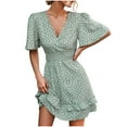 thumbnail image 1 of USSUMA Summer Dresses for Women Trendy High Waist Smocked Ruffle Swing Mini Short Sleeve Womens Sun Dresses Plus Floral Print Flowy V Neck Sundress Beach Party Vacation Casual Dress, 1 of 8