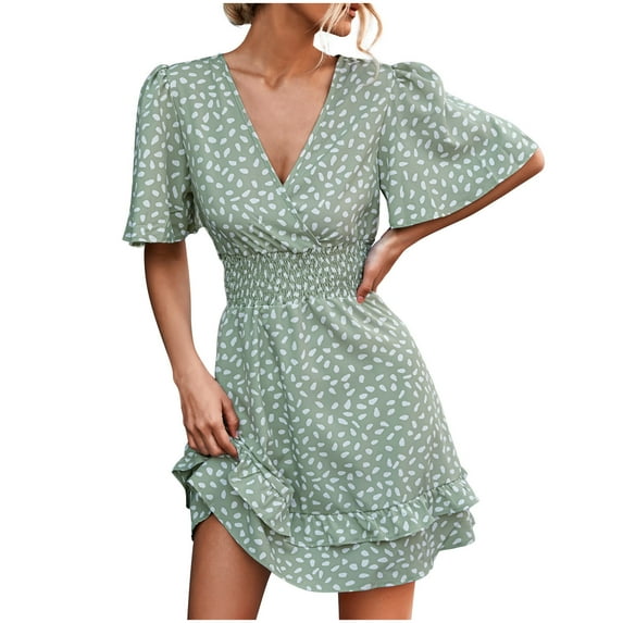 USSUMA Summer Dresses for Women Trendy High Waist Smocked Ruffle Swing Mini Short Sleeve Womens Sun Dresses Plus Floral Print Flowy V Neck Sundress Beach Party Vacation Casual Dress