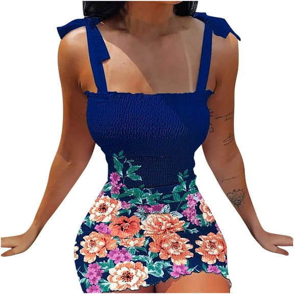 USSUMA Summer Dresses for Women Trendy Smocked Tight Club Short Bodycon Mini Sleeveless Womens Sun Dresses Plus Floral Print Tie Knot Square Neck Sundress Beach Party Vacation Casual Dress