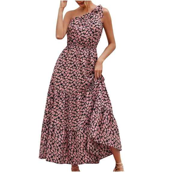 USSUMA Summer Dresses for Women 2022 Beach Bohemian Floral Tiered Maxi Dress Womens Boho Summer One Shoulder Sleeveless Beach Party Long Sun Dress