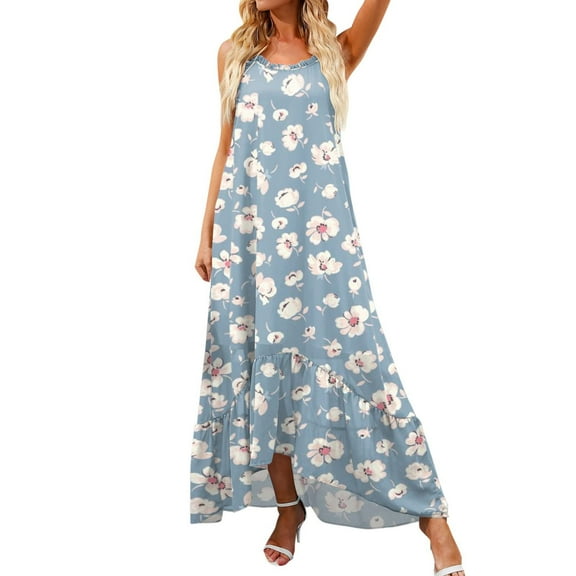 USSUMA Summer Dresses for Women 2022, Women's Bohemian Floral Maxi Dresses Summer Casual Sleeveless Spaghetti Strap Flowy Long Swing Beach Dress