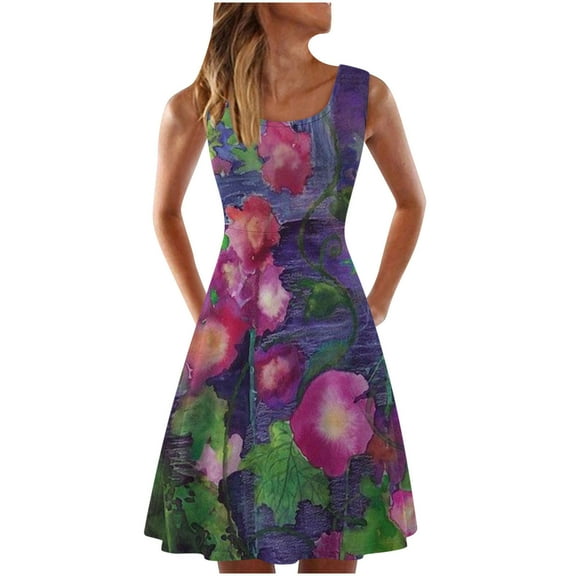 USSUMA Summer Dresses for Women Casual Floral Print Mini Flowy Swing Beach Party Sundresses Sleeveless Plus Dresses Crew Neck Sun Dress Wedding Guest