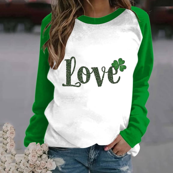 USSUMA Summer Saving Tops for Women Trendy Long Sleeve Round Neck St. Patrick'S Day Printed Fashion Stylish Pullover T-Shirt Casual T-Shirt Simple Relaxed Fit Summer Tops for Daily Wear Green M