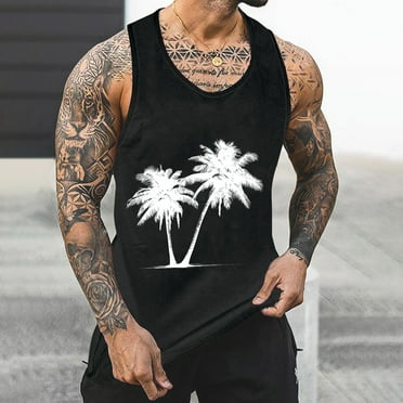 USSUMA Summer Savings! Men Tank Top Sleeveless Crewneck Beach Tank Tops for Men Graphic Palm Tree Print Hawaiian Beach Vest Shirts Black,XXL