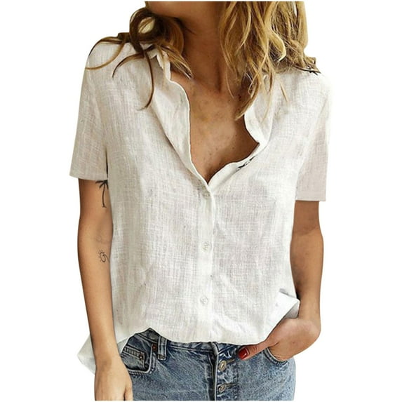 USSUMA Summer Tops For Women 2022 Trendy Women's Fashion Shirts Summer Button Solid Color Short Sleeve Plus Tunics Shirt Top Cardigan Ladies Tops Trendy