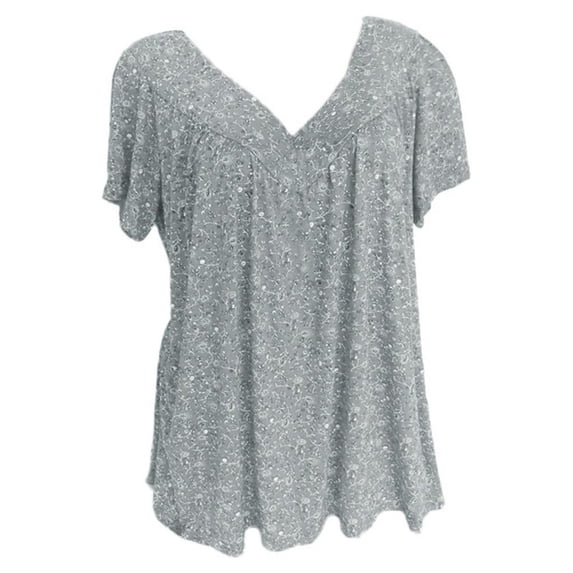 USSUMA Summer Tops For Women Flowy Pleated Floral V Neck Short Sleeves Summer Tops For Women 2023 Loose Flowy Beach Shirts For Women