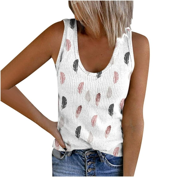 USSUMA Summer Tops For Women Trendy Women Feather Print Tank Tops Round Neck Sleeveless Knit Ribbed Tops Summer Beach Shirts Blouses