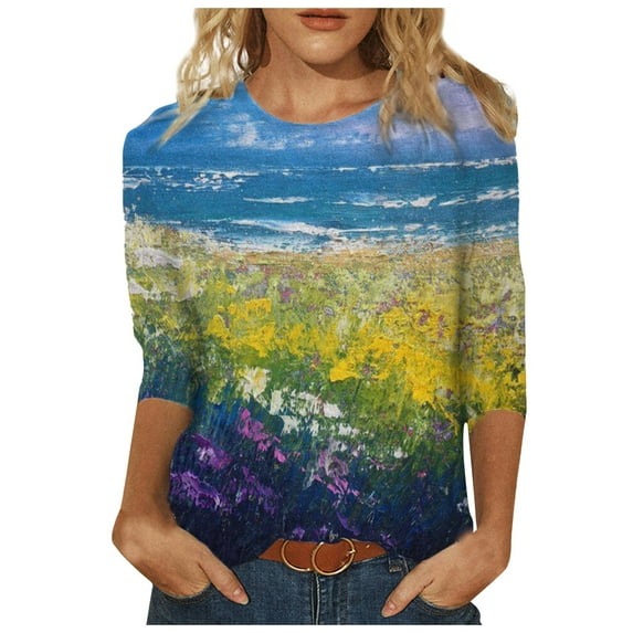 USSUMA Women's 3/4 Sleeve Shirts Sunflower Print Round Neck Loose Tops Comfy Soft Blouses Summer Casual Pullover