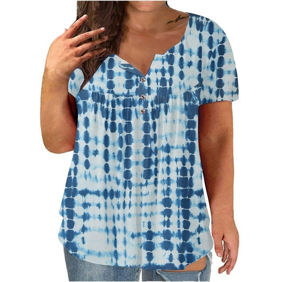 USSUMA Summer Tops For Women Trendy Women's Plus Size Summer Blouses Henley V Neck Button Up Tunic Tops Ruffle Flowy Short Sleeve Tie Dye T Shirts