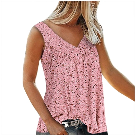 USSUMA Summer Tops For Women Trendy Women's Sleeveless Blouse Top Plus Size Casual V Neck Floral Printed Flowy Summer Tunic Tank T Shirt Tshirt