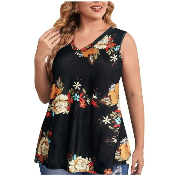 USSUMA Summer Tops For Women Trendy Womens Plus Size V Neck Henley Tank Tops Summer Sleeveless Floral Print Flowy Casual Tunic Tops Shirts