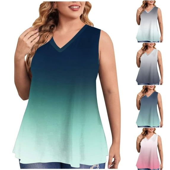 USSUMA Summer Tops for Women 2025 Women's Tank Tops Sleeveless V Neck Loose Plus Size Tops for Women Printed Gradient Vintage Shirt Comfortable Shirt Birthday Black Up to 50% off Tank Top L