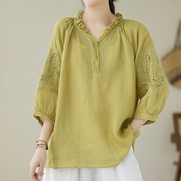 USSUMA Summer Tops for Women 2025 Womens Spring Summer Solid Color Casual Loose Fashion T-Shirt Seven Sleeves Embroidery Tops Cotton And Linen Blouse Casual up to 6 Off Yellow Cotton XL