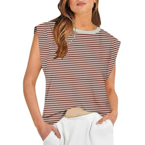 USSUMA Summer Tops for Women 2025 Womens Tank Tops Sleeveless Round Neck Loose Fit Casual Printed Casual Blouse Breathable Tee Daily Wear Coffee Polyester Up to 65% off Tank Top for Women L