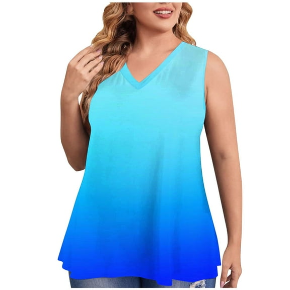 USSUMA Summer Tops for Women 2025 Womens Tank Tops Sleeveless V Neck Loose Plus Size Tops for Women Printed Gradient Leisure Blouse Lightweight Blouse Outdoor Sky Blue Summer Saving Tank Top Xl