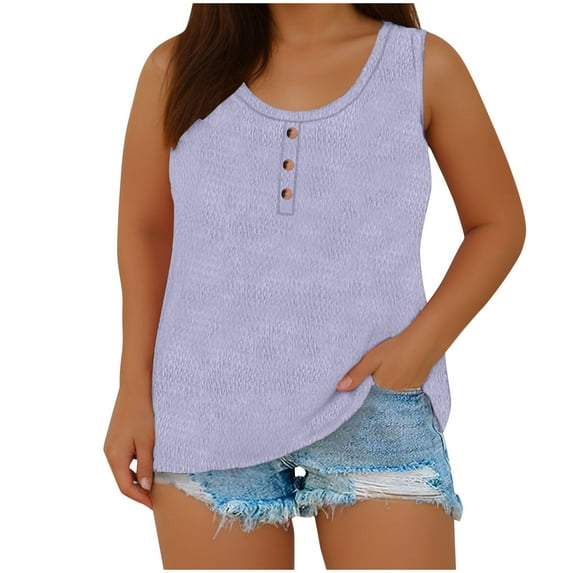 USSUMA Summer Tops for Women 2025 Womens Tank Tops Sleeveless Round Neck Casual Plus Size Tops for Women Button Knitted Vintage Shirt Loose Tshirt Trekking Purple Clearance Sales Tank Top Xxl