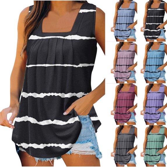 USSUMA Summer Tops for Women 2025 Womens Tank Tops Sleeveless Square Neck Loose Fit Casual Printed Casual Tee Comfortable T-Shirt Party Black Polyester Up to 65% off Tank Top for Women S