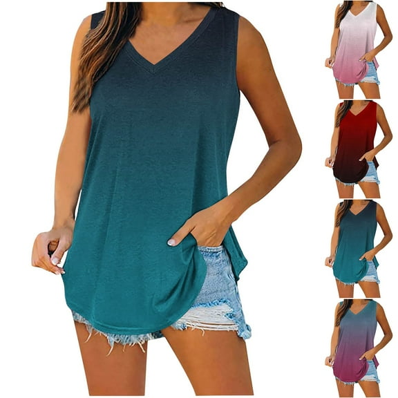 USSUMA Summer Tops for Women 2025 Womens Tank Tops Sleeveless V Neck Camisole Cold Shoulder Loose Fit Casual Printed Leisure T-Shirt Loose Tshirt Meeting Blue Polyester s Tank Top for Women S