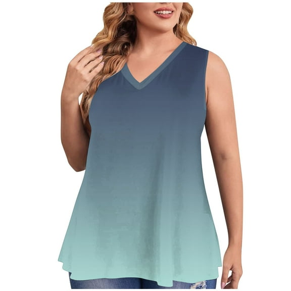 USSUMA Summer Tops for Women 2025 Womens Tank Tops Sleeveless V Neck Loose Plus Size Tops for Women Printed Gradient Vintage T-Shirt Fashion Blouse Business Navy My Order Tank Top for Women Xxl