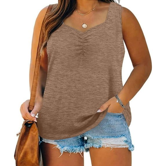USSUMA Summer Tops for Women 2025 Womens Tank Tops Sleeveless V Neck Solid Color Plus Size Tops for Women Casual Shirt Loose T-Shirt School Khaki Polyester Deals Tank Top for Women Xxxxxl