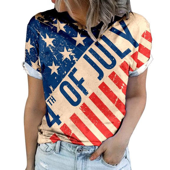 USSUMA Summer Tops for Women Trendy Crewneck Short Sleeve Dressy Shirts Blouses American Flag Star Women's Tops Summer 2022 4th of July Patriotic Graphic Casual Tshirts Tunic Plus