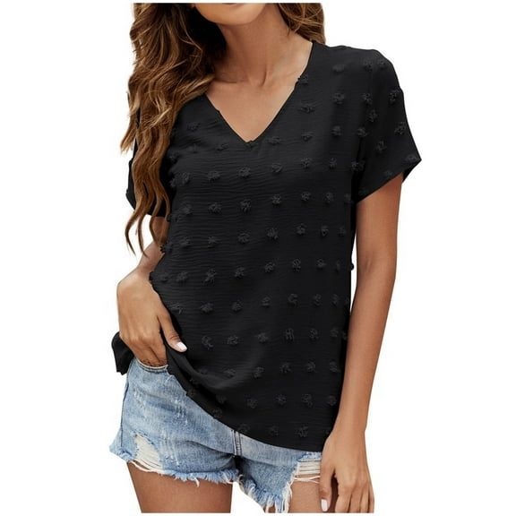 USSUMA Summer Tops for Women Trendy Cute Basic Chiffon Blouse Tunic Loose Fit Swiss Dot Solid Color Womens Tops Casual V Neck Short Sleeve Shirts for Women Dressy Casual