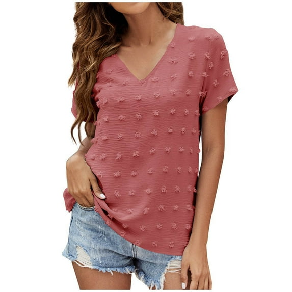 USSUMA Summer Tops for Women Trendy Cute Basic Chiffon Blouse Tunic Loose Fit Swiss Dot Solid Color Womens Tops Casual V Neck Short Sleeve Shirts for Women Dressy Casual