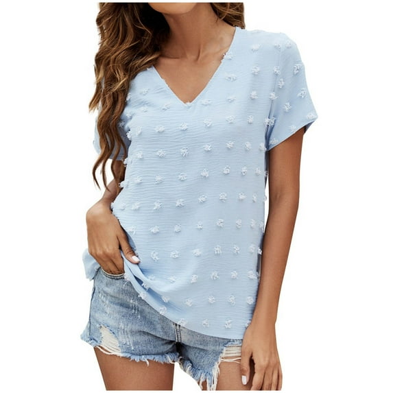 USSUMA Summer Tops for Women Trendy Cute Basic Chiffon Blouse Tunic Loose Fit Swiss Dot Solid Color Womens Tops Casual V Neck Short Sleeve Shirts for Women Dressy Casual