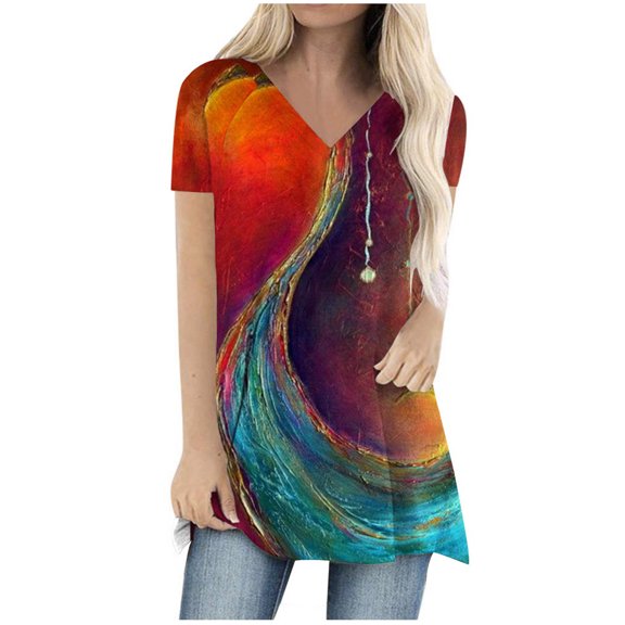 USSUMA Summer Tops for Women Trendy Fashion Flowy Blouse Tunic Loose Fit Butterfly Colorful Print Womens Tops Casual Round Neck Short Sleeve Shirts for Women Dressy Casual