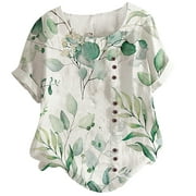 USSUMA Summer Tops for Women Trendy Linen Cotton Comfy Short Sleeve Dressy Shirts Blouses Round Neck Women's Tops Summer 2024 Floral Print Casual Tshirts Tunic Plus