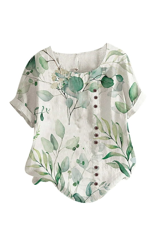USSUMA Summer Tops for Women Trendy Linen Cotton Comfy Short Sleeve Dressy Shirts Blouses Round Neck Women's Tops Summer 2024 Floral Print Casual Tshirts Tunic Plus