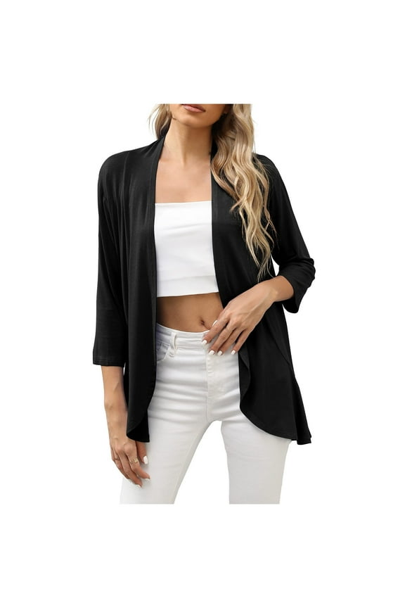 USSUMA Summer Tops for Women Trendy Open Front Cardigan Blouse Tunic Loose Fit Solid Color Jacket Womens Tops Casual Suit 3/4 Sleeve Shirts for Women Dressy Casual
