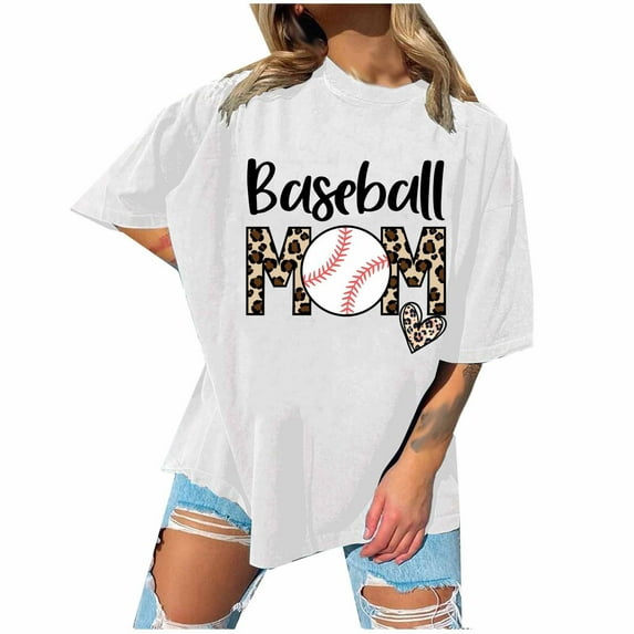 USSUMA Summer Tops for Women Trendy Oversized Graphic Tee Blouse Tunic Loose Fit Baseball Mom Print Womens Tops Casual Round Neck Short Sleeve Shirts for Women Dressy Casual