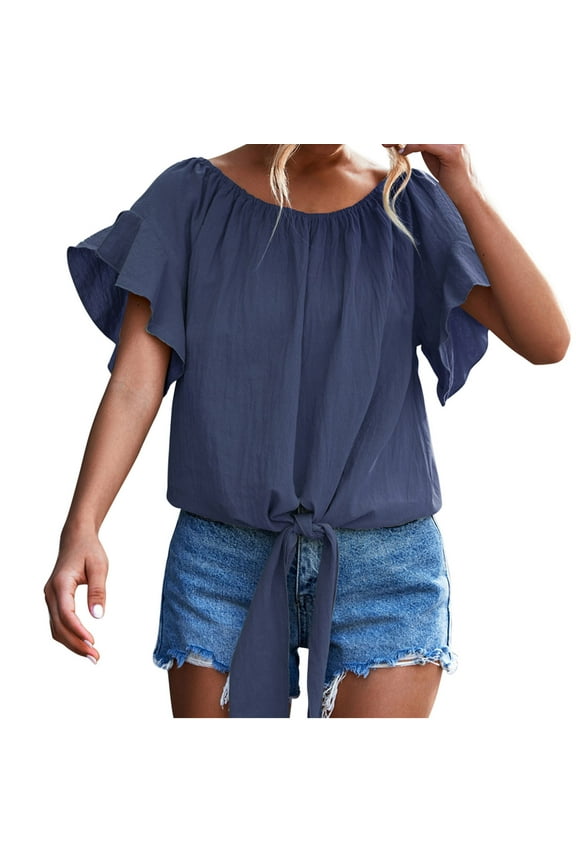 USSUMA Summer Tops for Women Trendy Ruffle Tie Knot Front Blouse Tunic Loose Fit Solid Color Womens Tops Casual Round Neck Short Sleeve Shirts for Women Dressy Casual