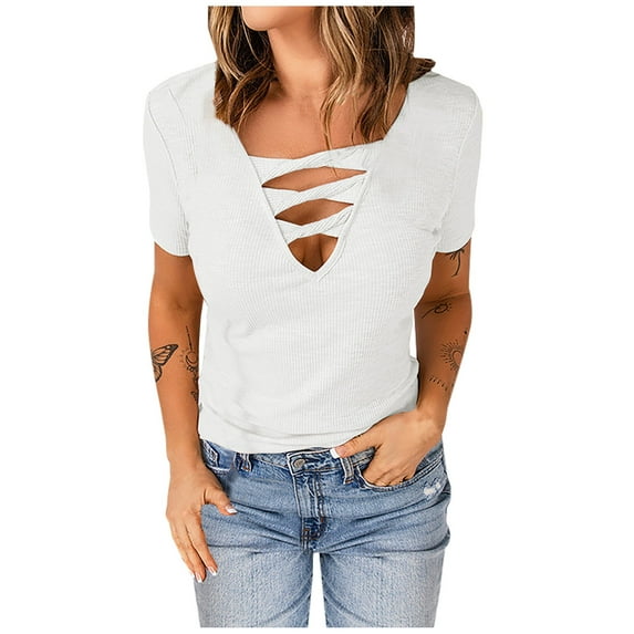 USSUMA Summer Tops for Women Trendy Sexy Cut Out Short Sleeve Dressy Shirts Blouses V Neck Women's Tops Summer 2022 Solid Color Hollow Out Casual Tshirts Tunic Plus